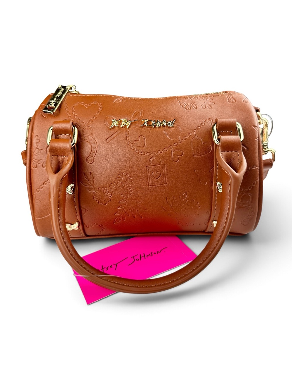 NWT Betsey Johnson XOGABBI Brown Embossed Mini Barrel Crossbody Satchel Bag